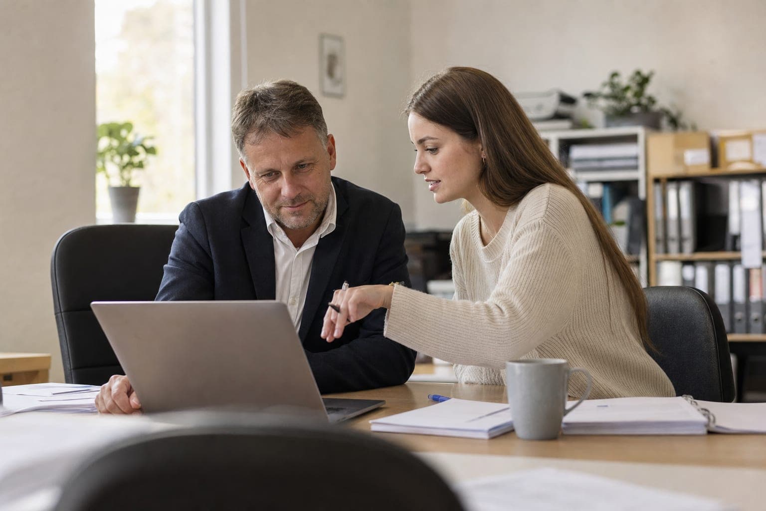Zwei Personen im Büro besprechen am Laptop die offene Stelle