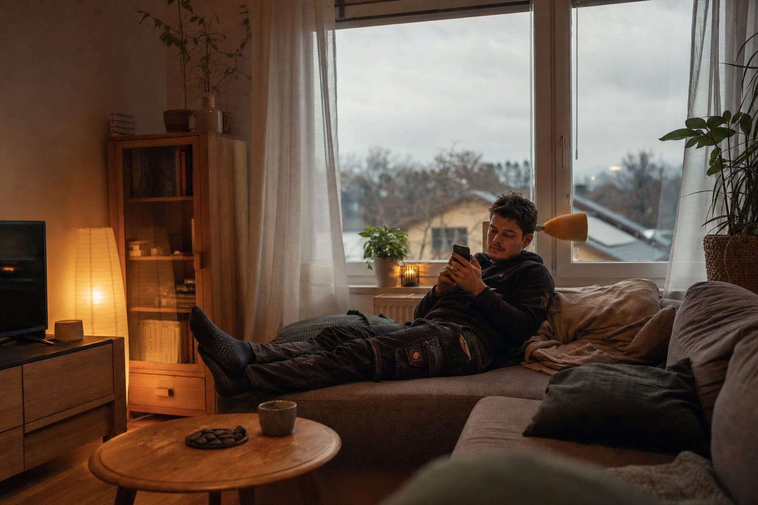 Fachkraft zuhause auf dem Sofa mit dem Telefon in der Hand