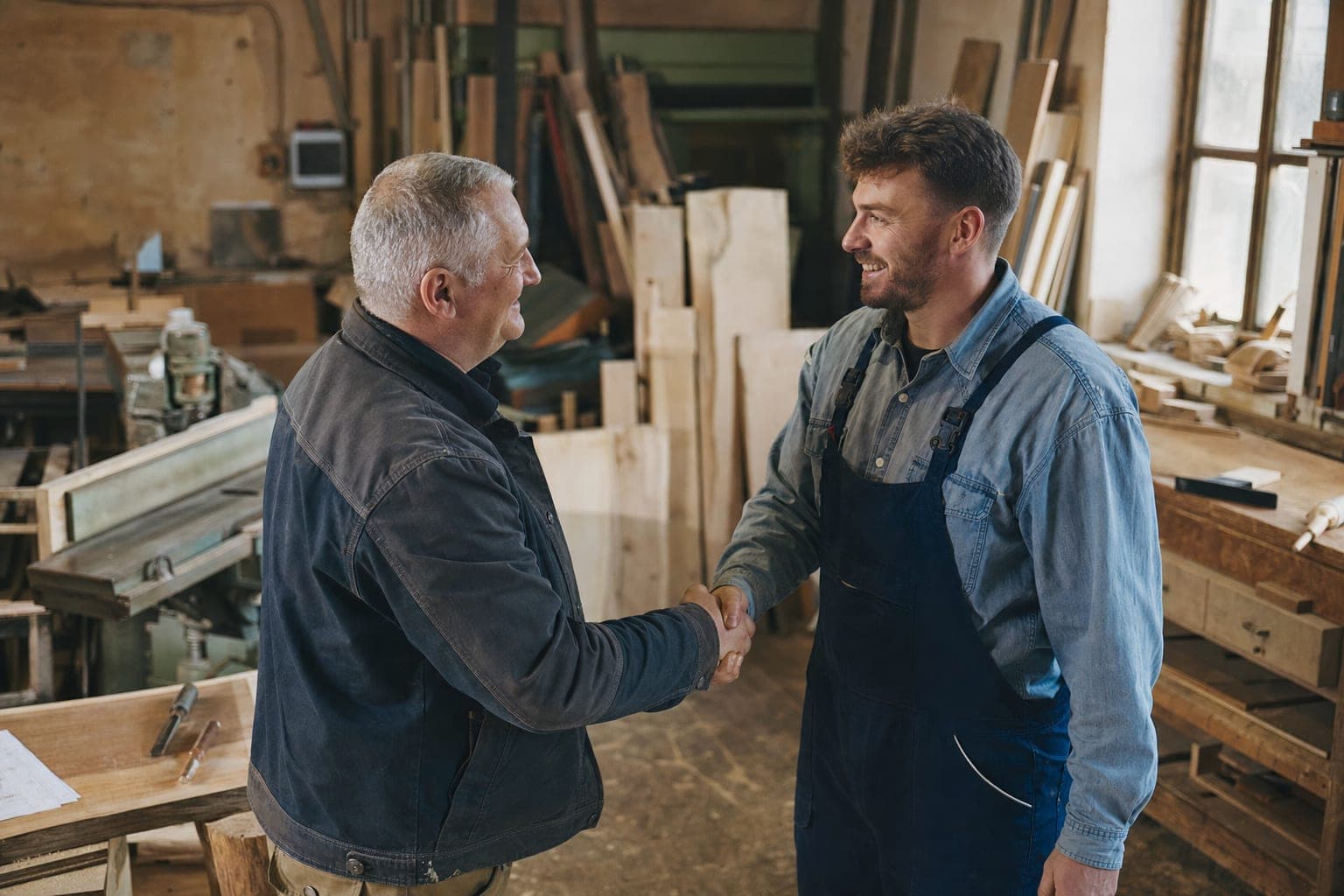Handschlag zwischen zwei Handwerkern in der Werkstatt
